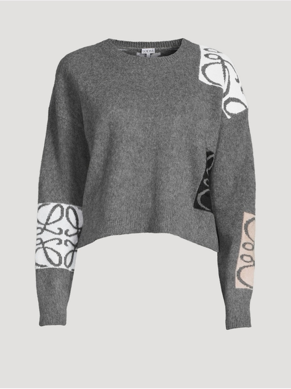 Loewe Gray Cropped Crewneck Sweater with Logo Panels